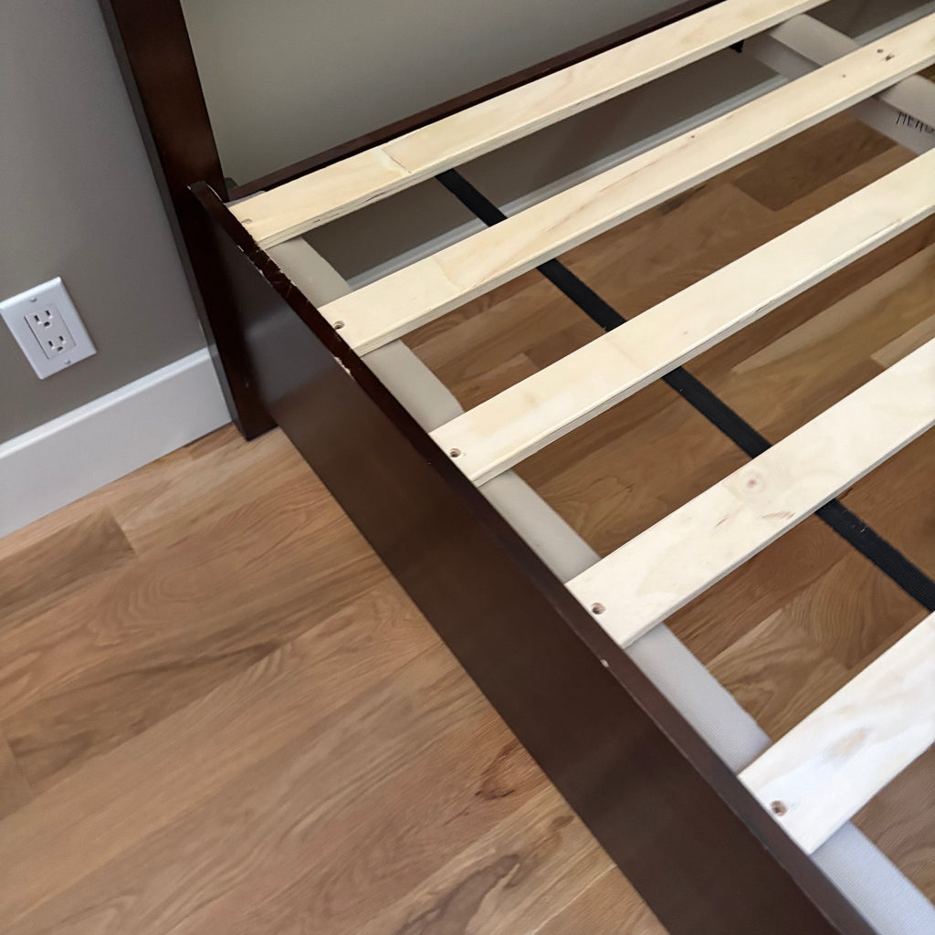 D113 Dark wood Queen size bed frame with 2 drawers under foot of frame
