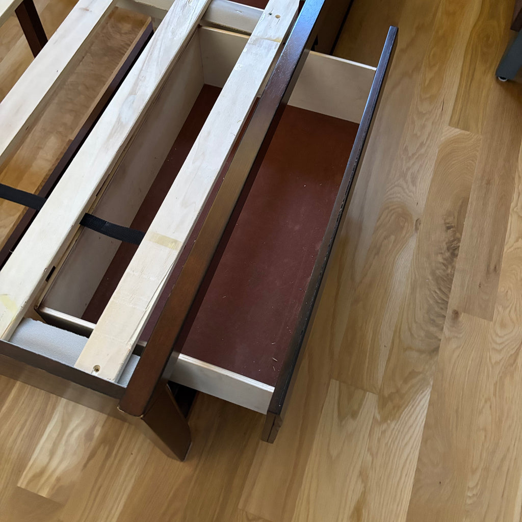 D113 Dark wood Queen size bed frame with 2 drawers under foot of frame