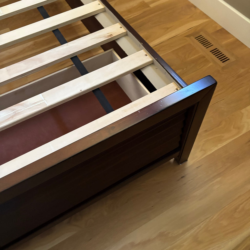 D113 Dark wood Queen size bed frame with 2 drawers under foot of frame