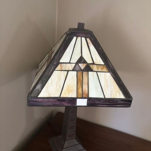 D114 19” Tall metal base lamp with stained glass lampshade