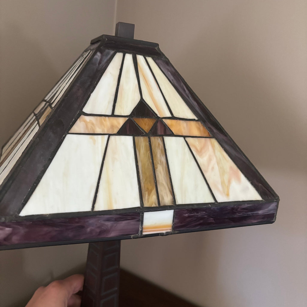 D114 19” Tall metal base lamp with stained glass lampshade