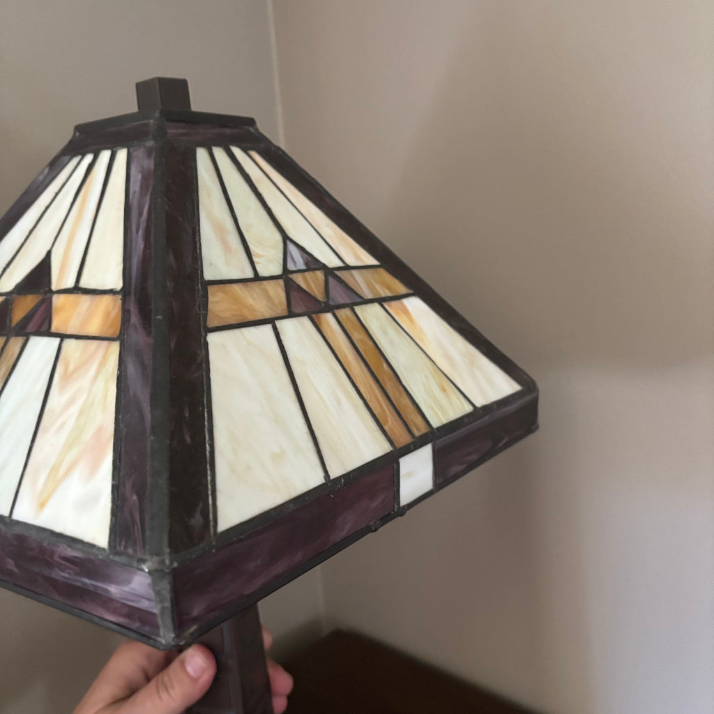 D114 19” Tall metal base lamp with stained glass lampshade