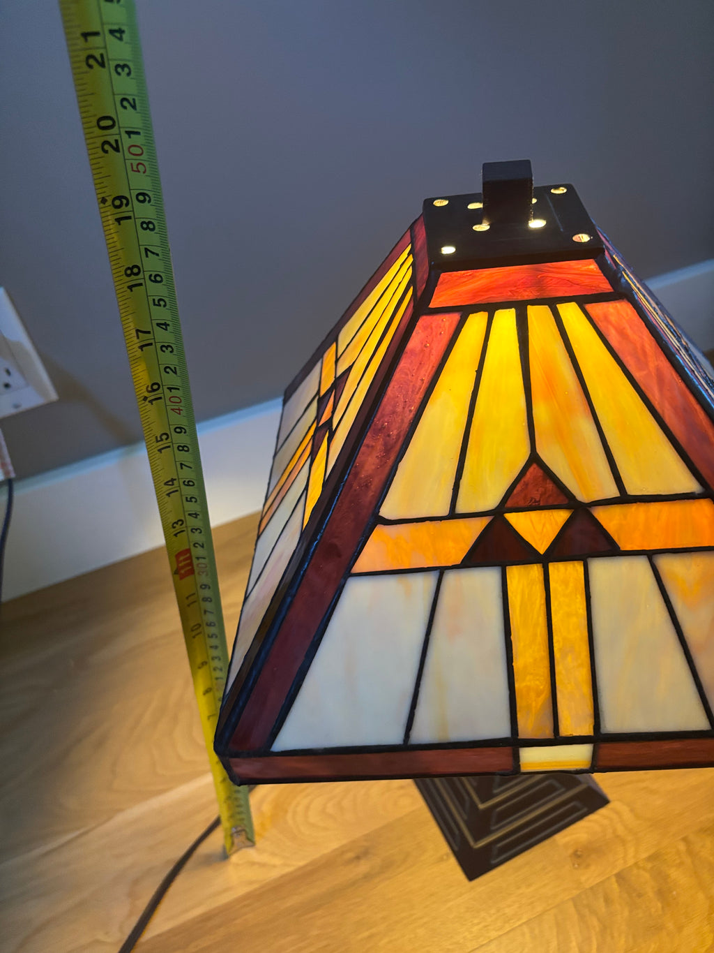 D114 19” Tall metal base lamp with stained glass lampshade