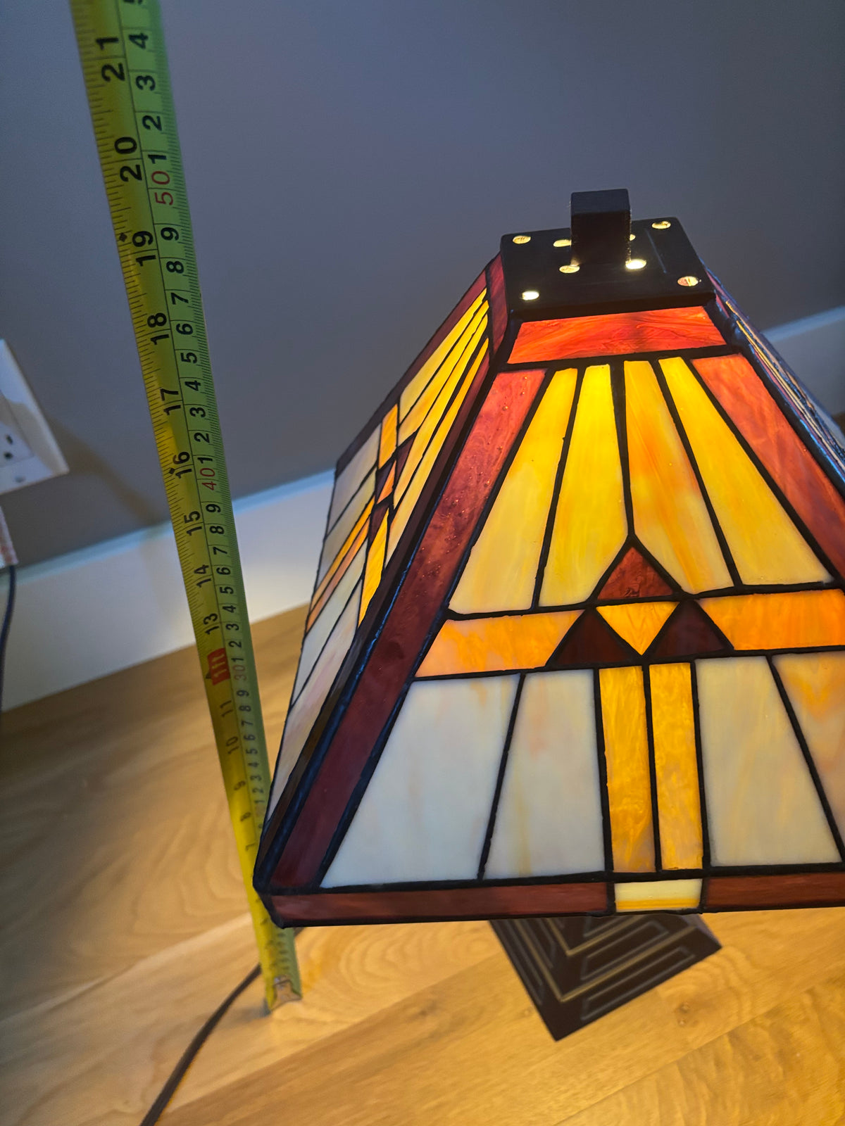 D114 19” Tall metal base lamp with stained glass lampshade