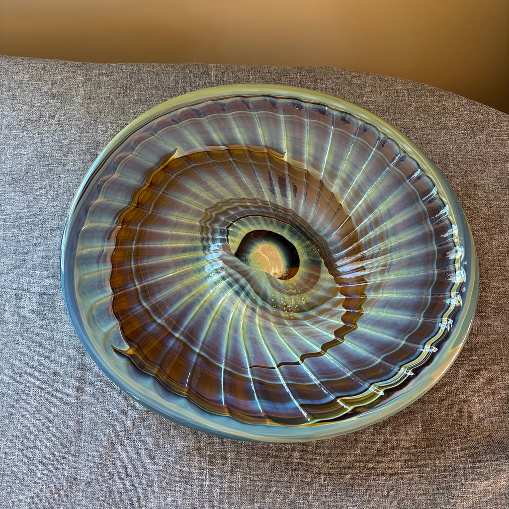 D122 14” Shell fossil print glass dish