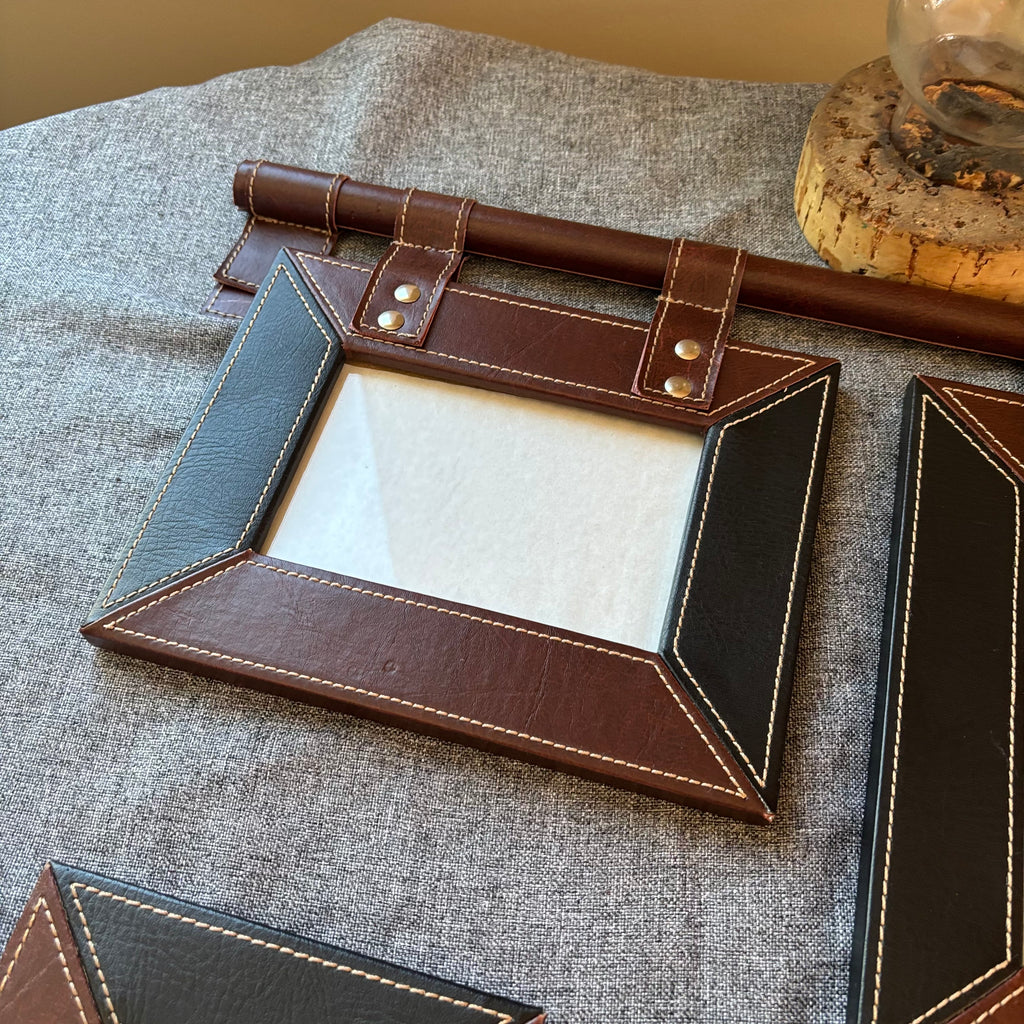 D123 Home Decor Grouping (leather style picture frame and vintage style candle holder)