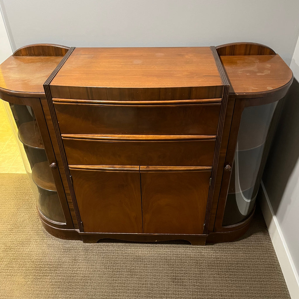 D346 Vintage Knechtel Homewood Furniture art deco style buffet with curved glass doors (wear on top)