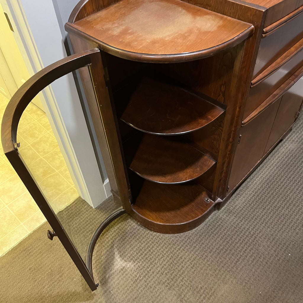 D346 Vintage Knechtel Homewood Furniture art deco style buffet with curved glass doors (wear on top)
