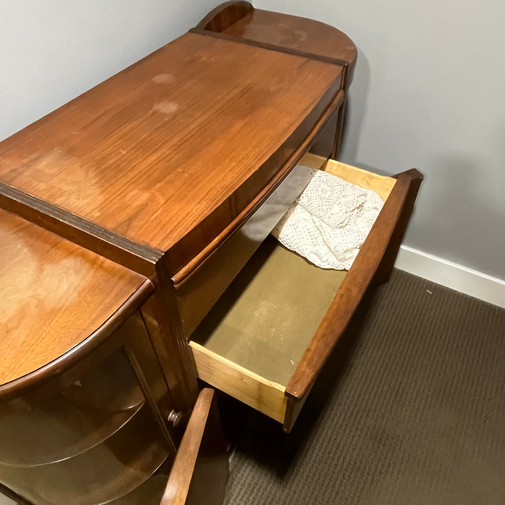 D346 Vintage Knechtel Homewood Furniture art deco style buffet with curved glass doors (wear on top)