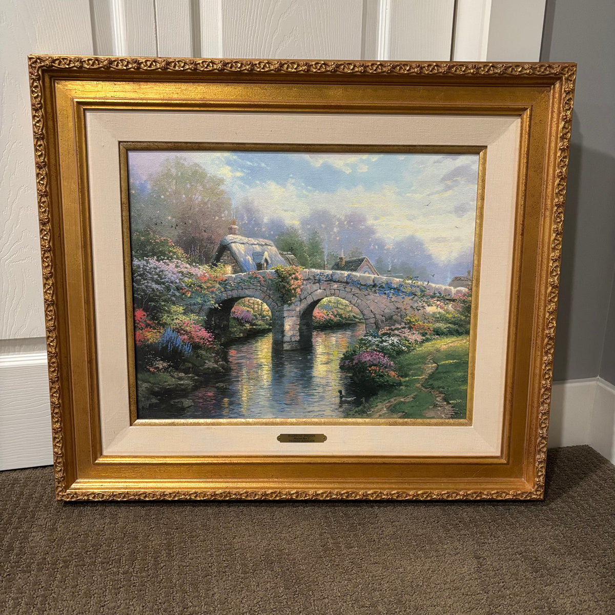 D141 25” x 29” Frames Vintage art print, Blossom Bridge by Thomas Kinkade