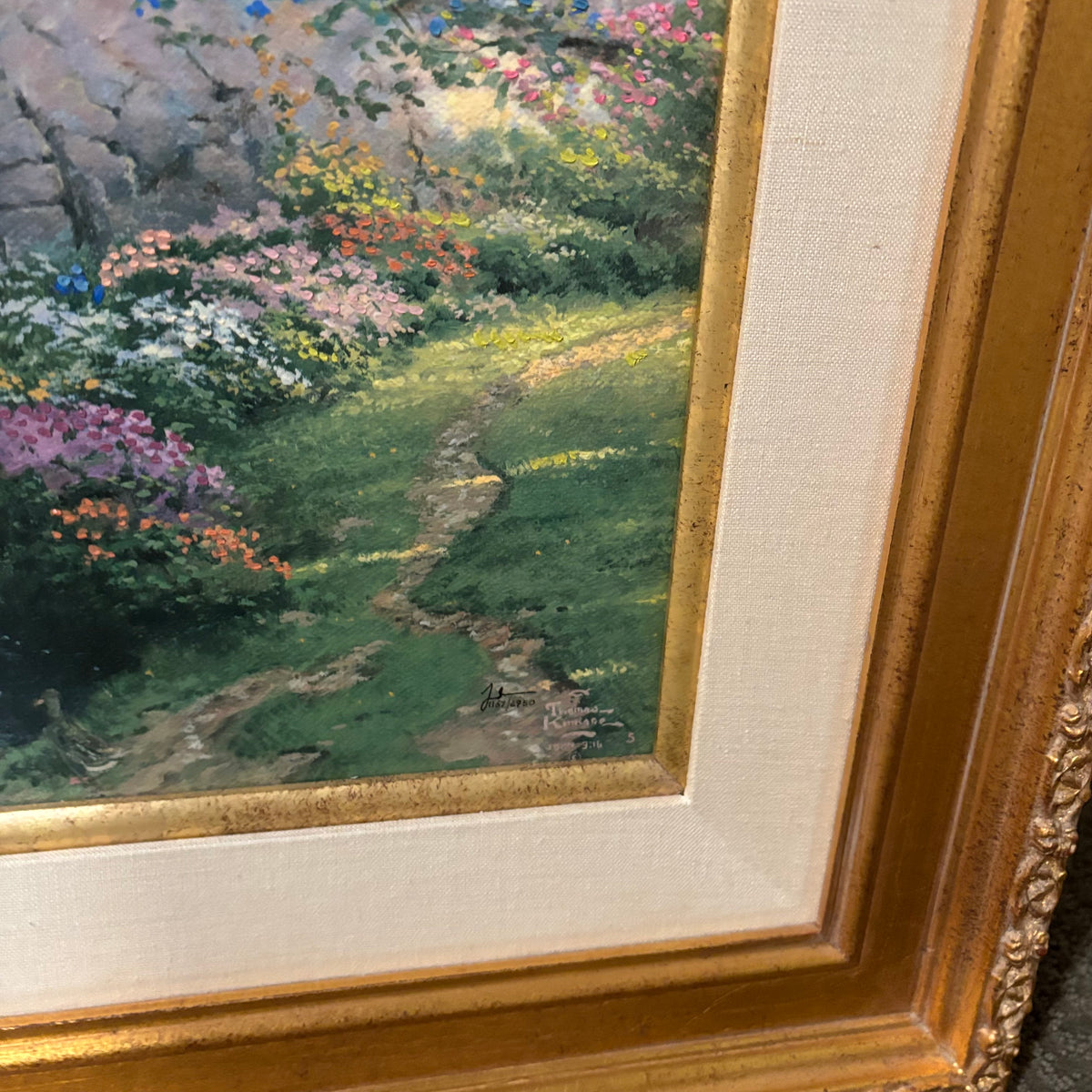 D141 25” x 29” Frames Vintage art print, Blossom Bridge by Thomas Kinkade