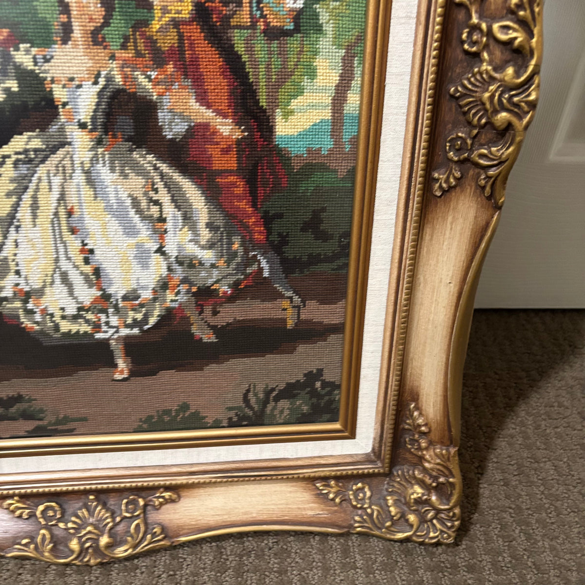 D142 25” x 21” Vintage ornate framed tapestry (couple in a garden)