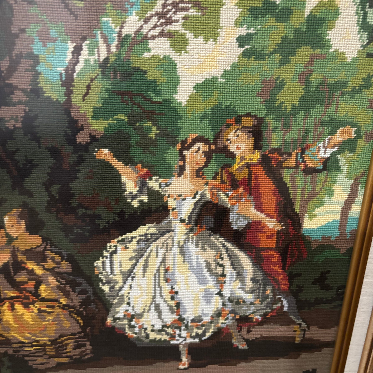 D142 25” x 21” Vintage ornate framed tapestry (couple in a garden)
