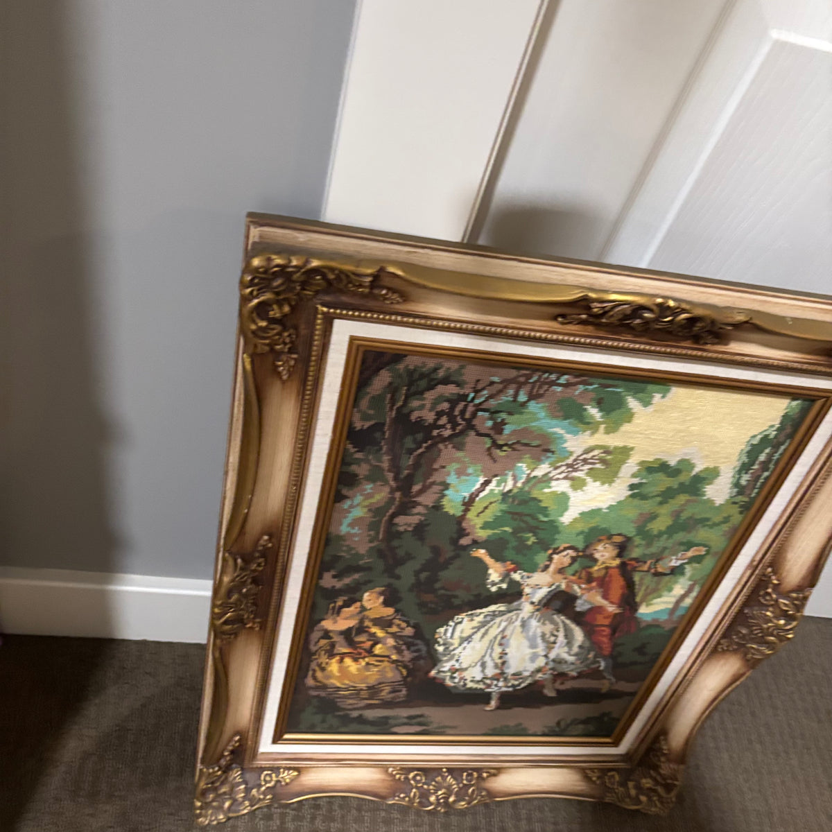 D142 25” x 21” Vintage ornate framed tapestry (couple in a garden)