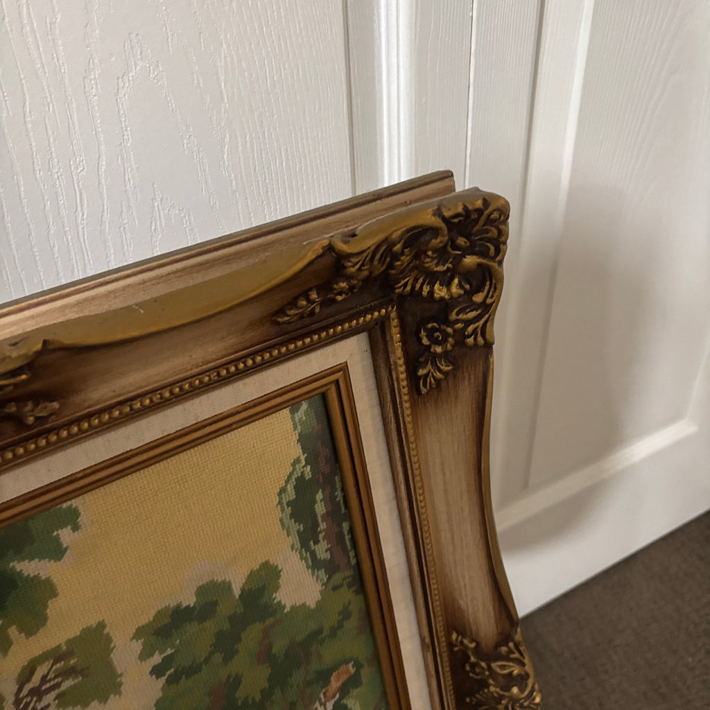D142 25” x 21” Vintage ornate framed tapestry (couple in a garden)