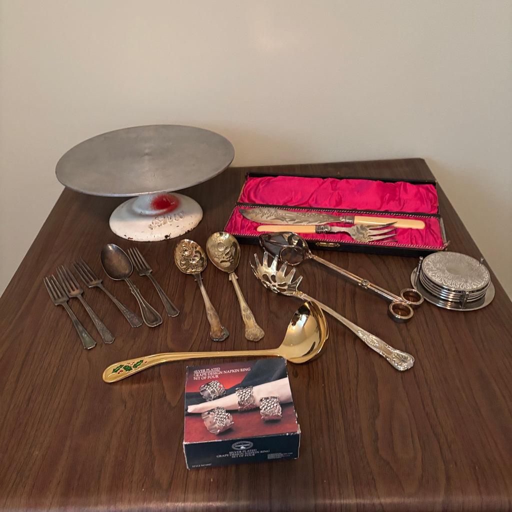 D161 Vintage Serving Grouping (cast iron cake plate and more)