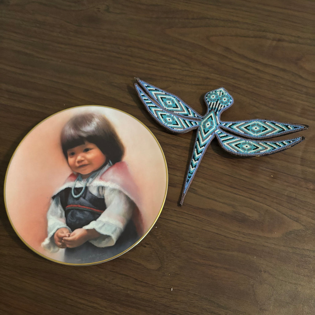 D170 Vintage Decor (wooden dragon fly and Doulton Children of the Pueblo plate)