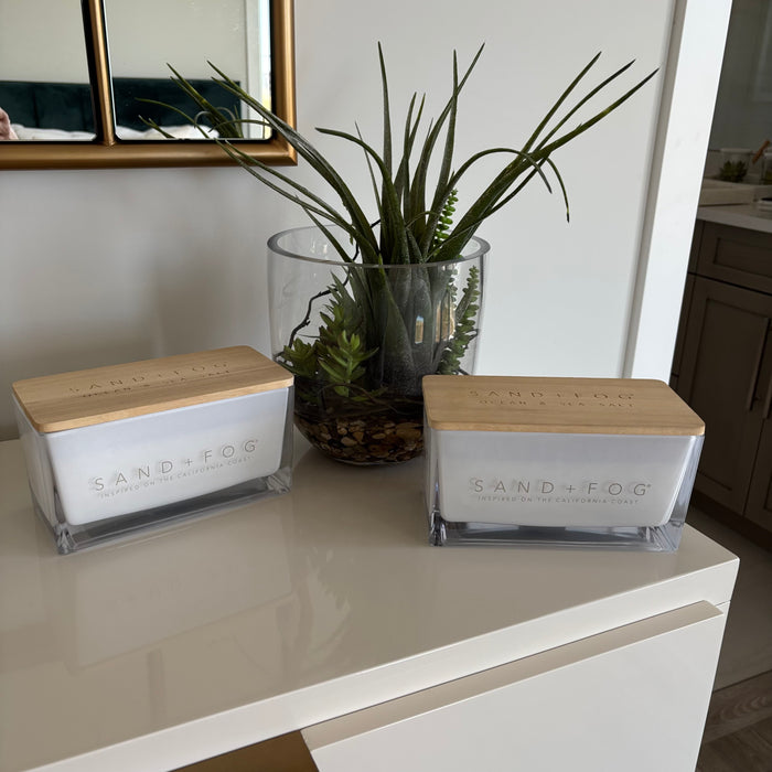 Set of 2 Sand + Fog Candles and Faux Arrangement in Heavy Glass Bowl - G333