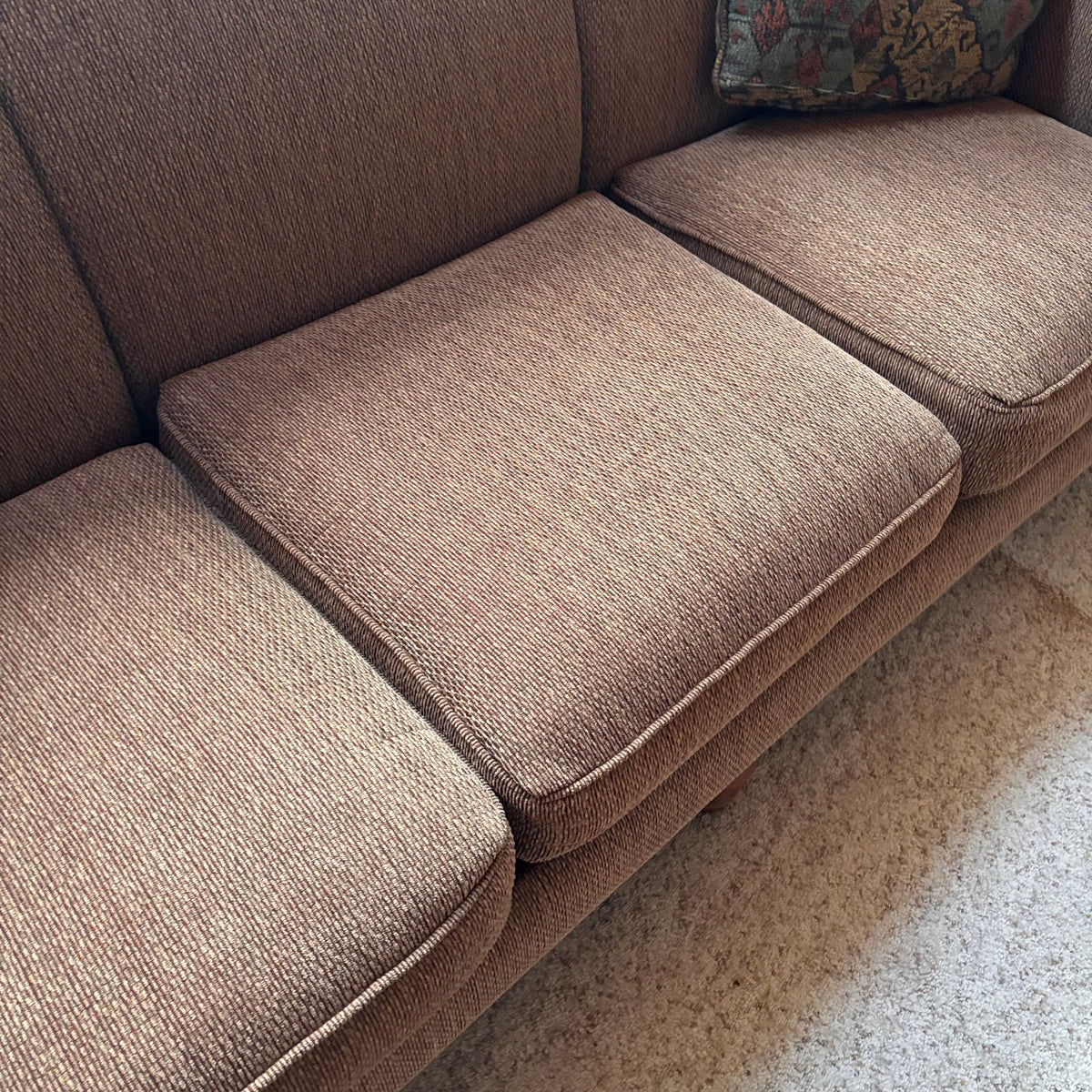 F414 Vintage Sears brown fabric sofa (87" x 38" x 36")