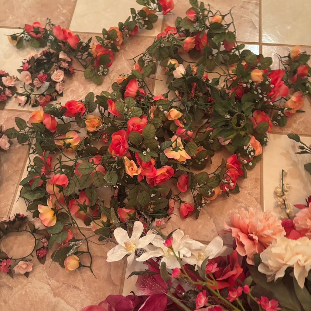 F199 Faux flowers grouping (hanging rose vines and more)