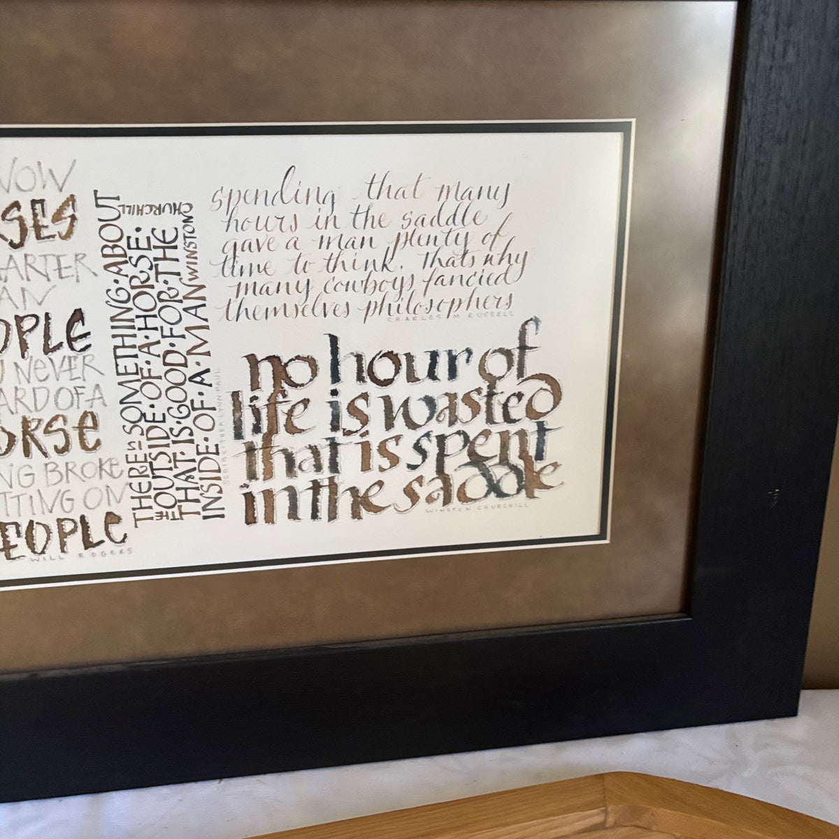 E159 Framed artwork and large wooden tray