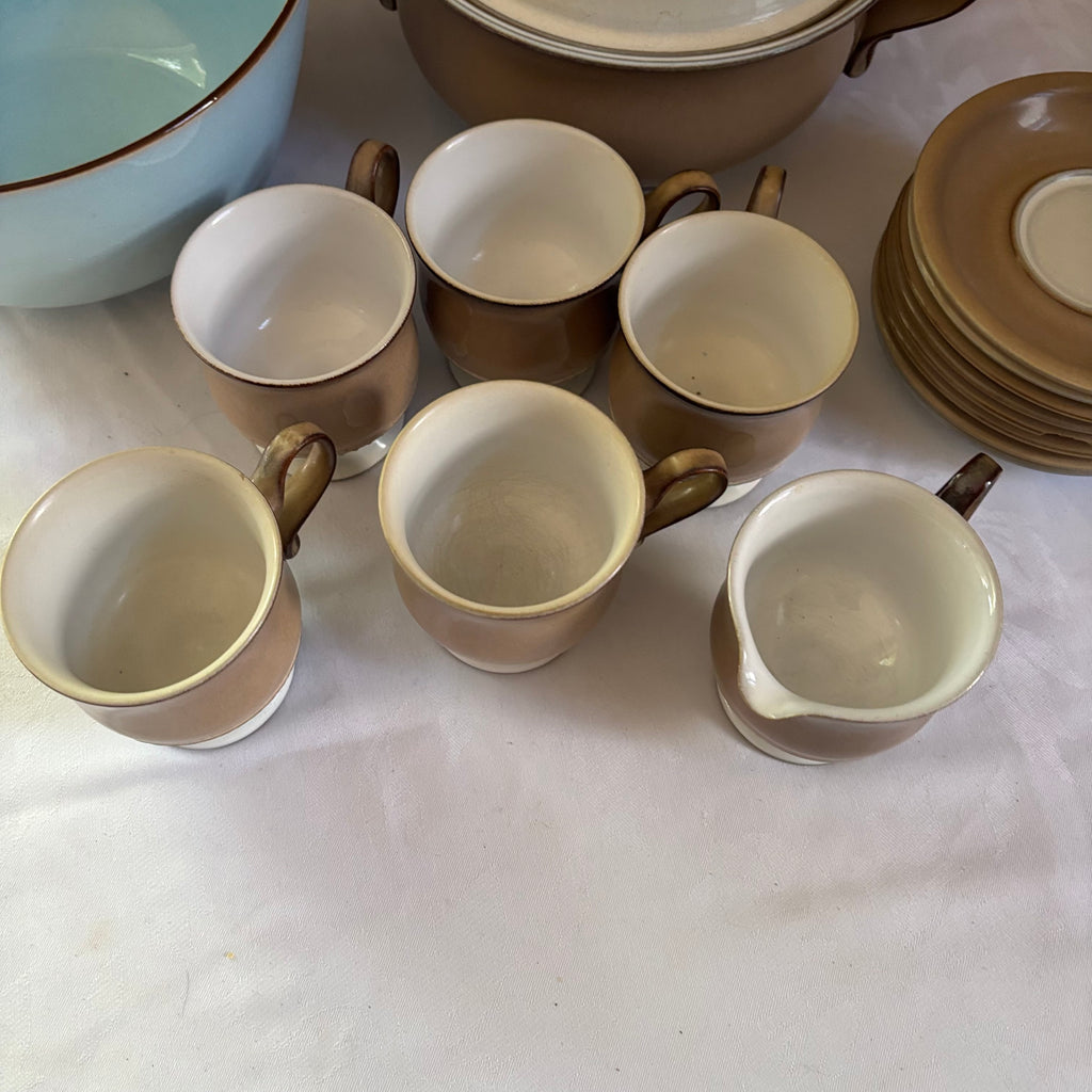 E147 Vintage Denby stoneware dishes grouping (1 saucer is chipped)
