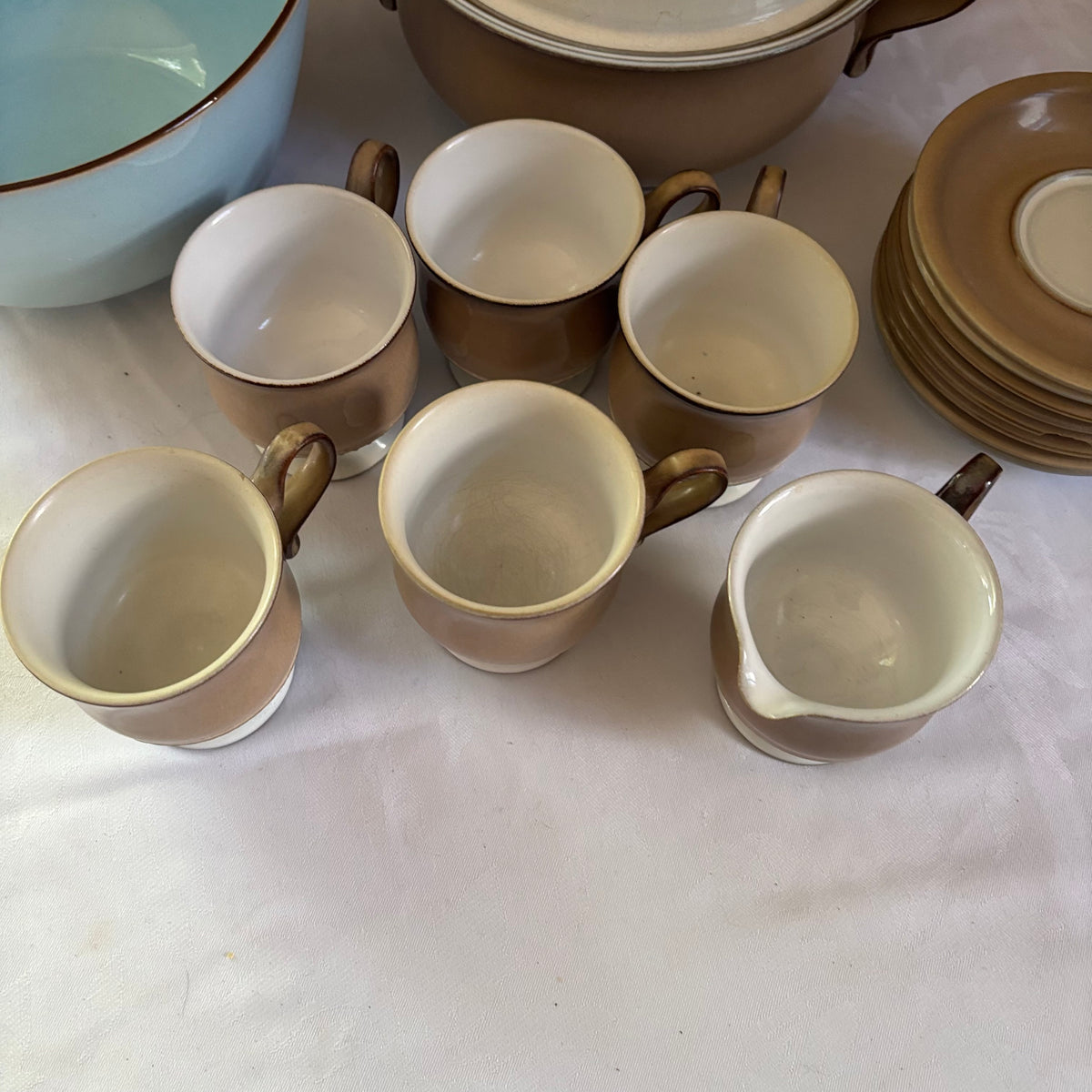 E147 Vintage Denby stoneware dishes grouping (1 saucer is chipped)