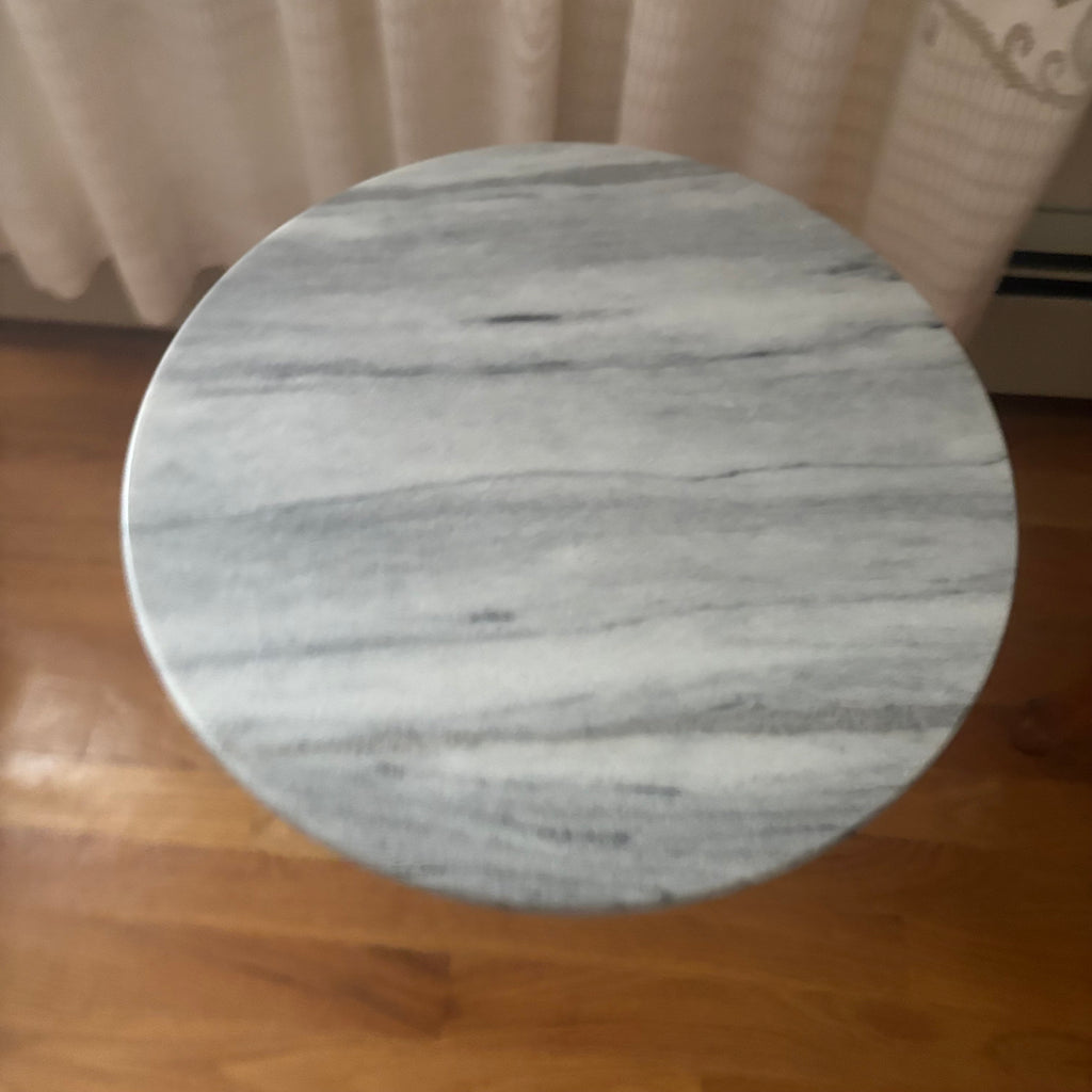 F196 16” tall vintage accent table with heavy metal base and marble top