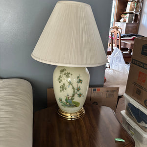 30” tall Vintage table lamp with glass asian print base - O487