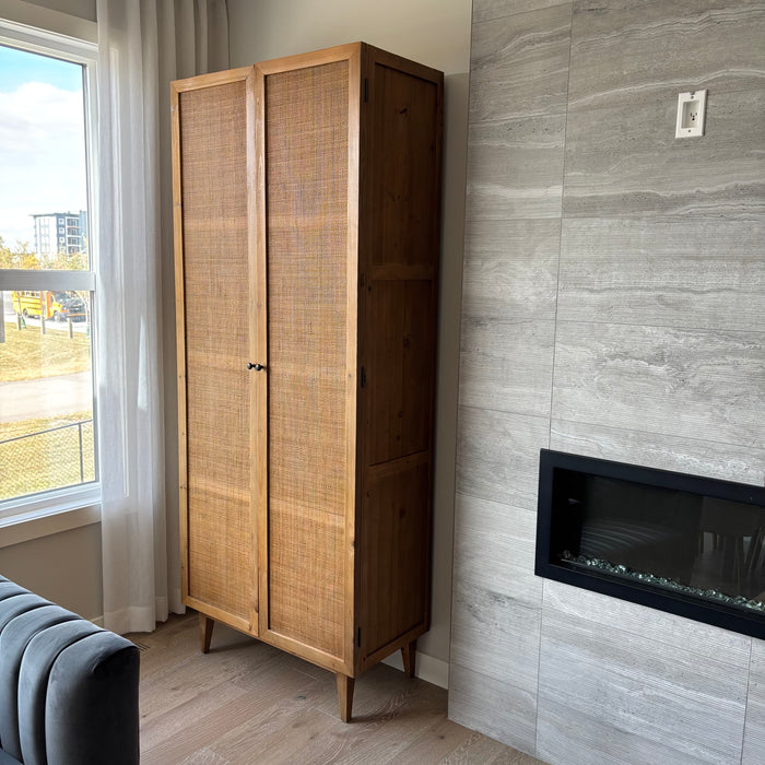 86" Tall Mondale Cabinet in Natural Honey Wood and Natural Rattan Finish - G372