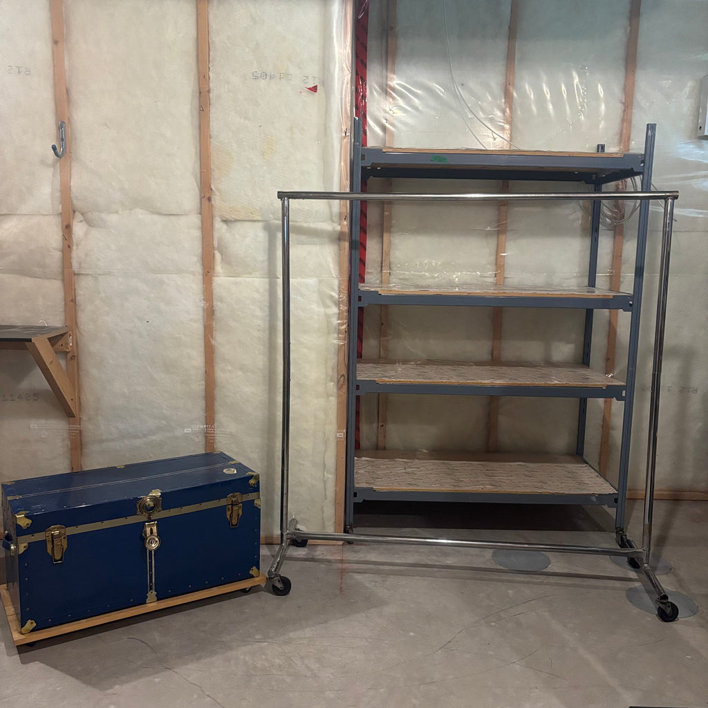 E869 Heavy duty metal clothing rack and vintage chest (shelf behind is not included)