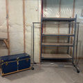 E869 Heavy duty metal clothing rack and vintage chest (shelf behind is not included)