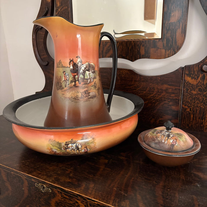 Vintage Porcelain 12” Tall Pitcher and Wash Basin Set - C455