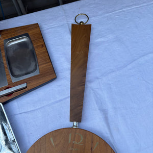 26” Long MCM Wood Framed Wall Clock and Trays Grouping - R398