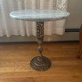 F196 16” tall vintage accent table with heavy metal base and marble top