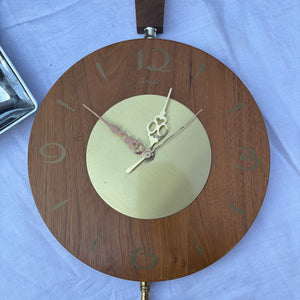 26” Long MCM Wood Framed Wall Clock and Trays Grouping - R398