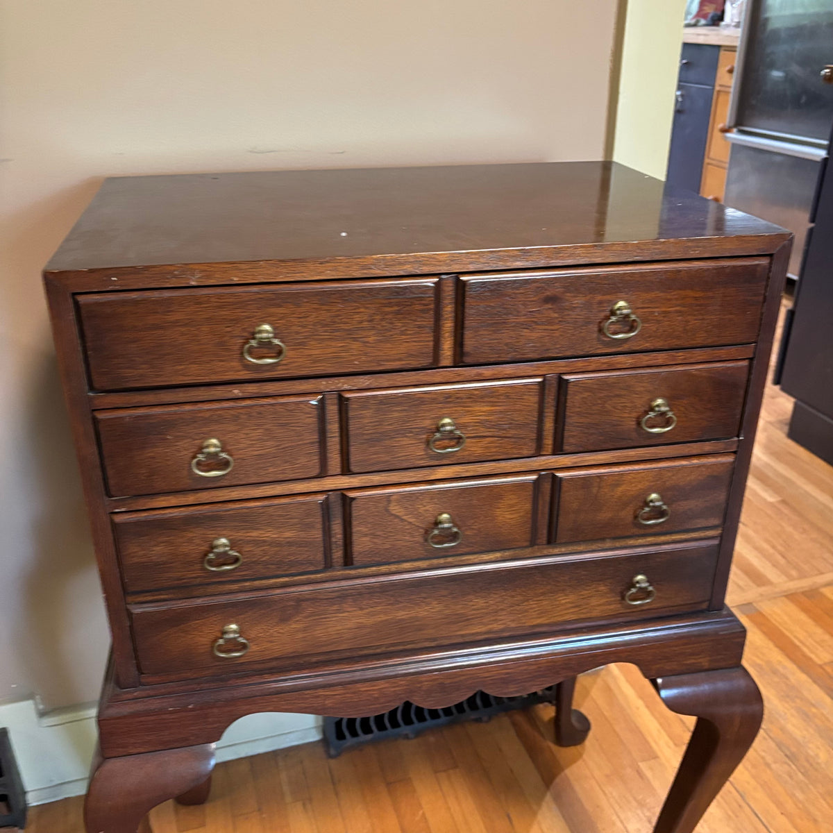 E103 Vintage Solid Wood Hickory chair company 3 drawer silverware chest (35” x 22” x 14”)