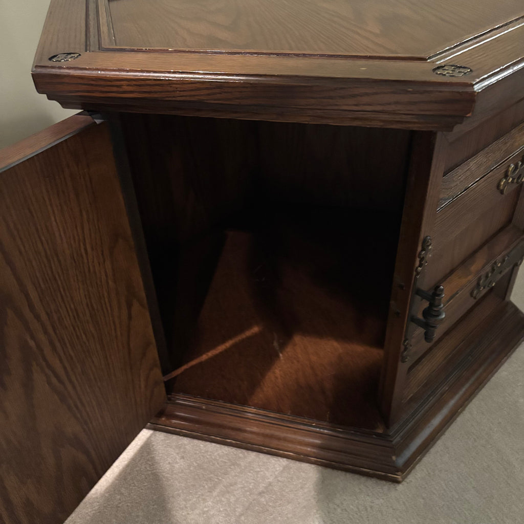 E855 Vintage solid wood octagon side table with door