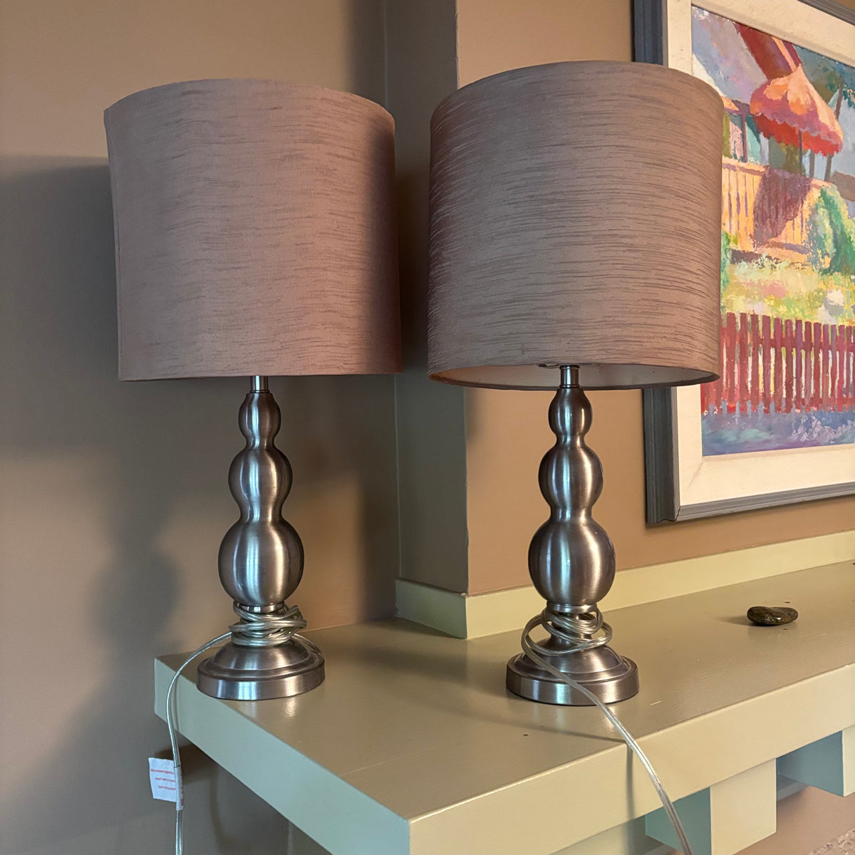 E104 Set of 2 20” tall table lamps with chrome bases and linen like shades