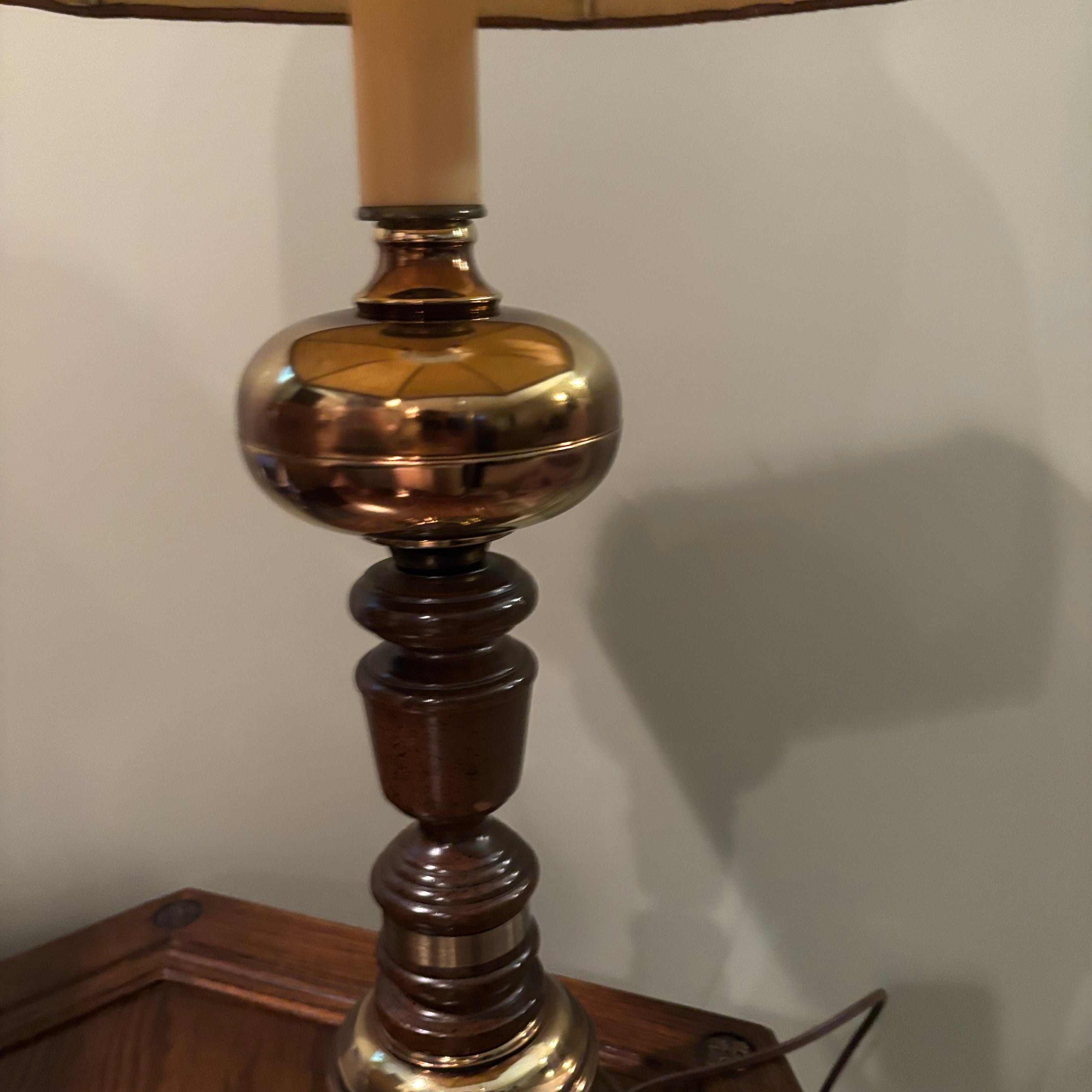 E850 33” tall vintage lamp with wood and brass base