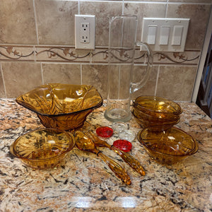 Mid Century Amber Glass Salad Set with Glass Fork&Spoon and More - M338