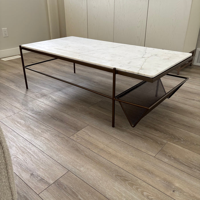 Four Hands Felicity Coffee Table with Matte Brass Finish Frame and White Marble Top (Crack across marble) - G346
