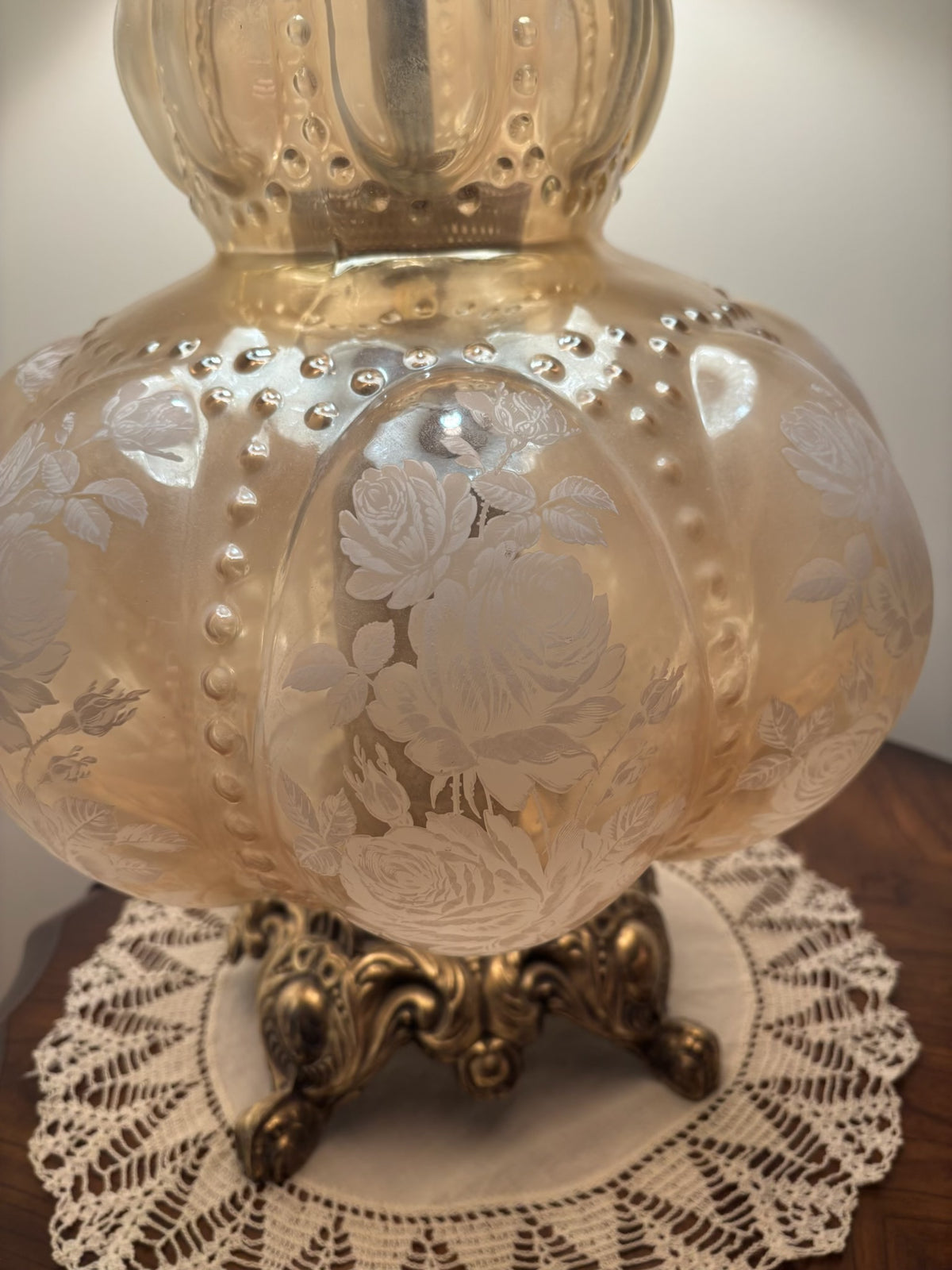 F205C 40” Tall Vintage table lamp with peachy toned art glass base