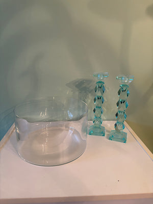 W805 10” tall Aqua heavy glass candle sticks and glass bowl