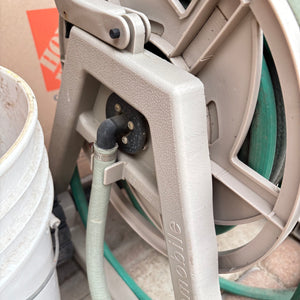 Hose Reel with Hose and White Bucket of Garden Tools - O115