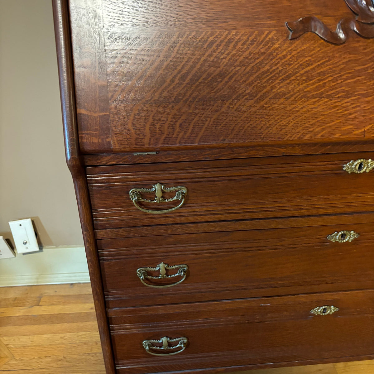 E124 Vintage solid wood secretary desk with upper cabinet (89" x 38" x 17.5")