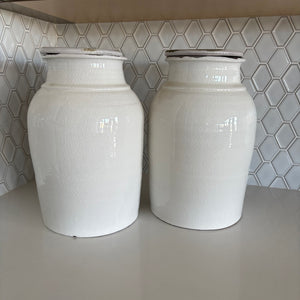 Set of 2 14” Tall White Stoneware Pots with Lids - G306