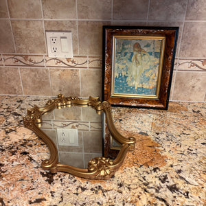 23” x 15” Vintage Mirror with Heavy Wood Gold Frame and Framed Artwork Grouping - M350