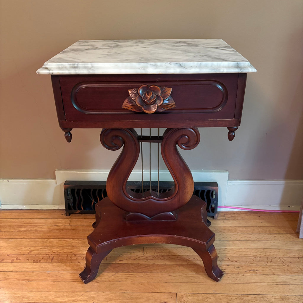 E102 Antique Solid wood accent table with marble top (28” x 17” x 14”)