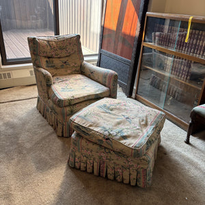 VINTAGE PARLOR CHAIR AND OTTOMAN WITH DOWN FILLED CUSHIONS - P235